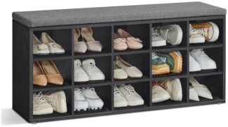 Vasagle Schuhbank, Schuhregal mit Sitzfläche, Sitzbank mit Stauraum, Kissen, 15 Fächer, für Wohnzimmer, Flur, 30 x 105 x 48 cm, ebenholzschwarz-schiefergrau LHSDE015B02