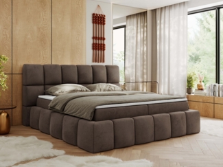Boxspringbett mit dekorativem Kopfteil, Doppelbett mit zwei 7 Härtezonen Multipocket-Matratzen, Bettkästen, Polsterbett - NIRA - 200 x 200 cm - Braun Velours - H4