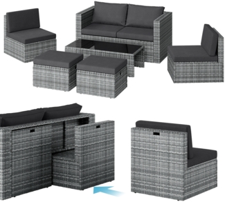 STEELSØN 'Noctura' Polyrattan 6-tlg. Gartenlounge, Sitzgruppe aus Sofa, Tisch, 2x Sessel, 2x Sitzhocker, grau-meliert/anthrazit, wetterfest, für 6 Personen