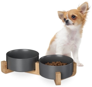 Relaxdays Napfbar 850 ml, Keramik / Bambusgestell grau, 9 x 32 x 17 cm