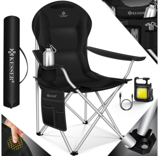 KESSER® Campingstuhl faltbar bis 150 kg Angelstuhl Faltstuhl Klappstuhl Gepolstert mit Armlehnen, Campinglicht und Getränkehalter + Tasche mit hoher Rückenlehne, Strandstuhl, Klapphocker Schwarz / Schwarz