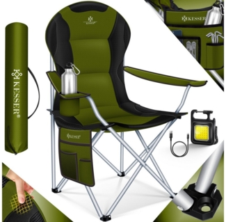 KESSER® Campingstuhl faltbar bis 150 kg Angelstuhl Faltstuhl Klappstuhl Gepolstert mit Armlehnen, Campinglicht und Getränkehalter + Tasche mit hoher Rückenlehne, Strandstuhl, Klapphocker Khaki / Schwarz
