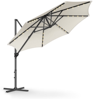 Songmics Sonnenschirm, Ampelschirm, 300 cm, 28 Solar-LED-Leuchten, UPF 50+, Gartenschirm, um 360° drehbar, Neigungswinkel stufenlos verstellbar, mit Kurbel, Kreuzfuß, Beige