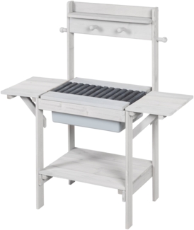 roba Outdoor+ BBQ-Matschküche mit abnehmbarem BBQ-Rost, 4 Ablagen, 4 Haken und Spielwanne, wetterfest, Massivholz grau, 83 x 88,5 x 35 cm