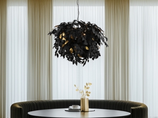 Hängeleuchte, 4-Flammig, Blätter, schwarz-gold, D 70 cm