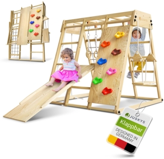 Juskys 'Maxi' Klettergerüst für Kinder - Indoor Spielplatz mit Rutsche, Kletterwand, Kletternetz & Schaukel - Holz Kletterturm klappbar - Holz Natur, 119 x 124 x 119 cm