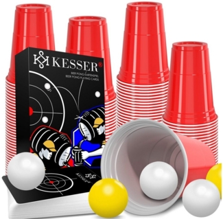 KESSER Beer Pong Becher Set mit Kartenset, 100 Bechern & 10 Bällen, Kunststoff, 473 ml, Rot