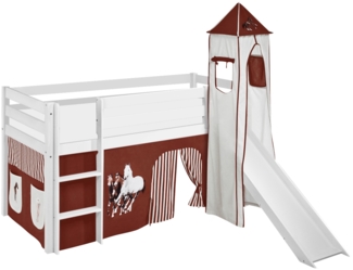 Lilokids 'Jelle' Spielbett 90x190 cm, Pferde Braun Beige, Kiefer massiv, mit Turm, Rutsche und Vorhang
