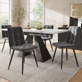 Merax Essgruppe (5-tlg),Esstisch-Set, Ausziehbares Esstischset für 4 Personen,160×80×75cm Esstisch mit 4 Esszimmerstühlen,Grauer Samt-Esszimmerstuhl, Weißer Esstisch mit Säulenfüßen
