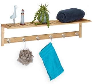 Relaxdays Wandregal mit 6 Haken, Bambus natur, 75 x 16 x 18 cm