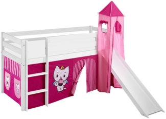Lilokids 'Jelle' Spielbett 90x190 cm, Angel Cat Sugar, Kiefer massiv, mit Turm, Rutsche und Vorhang