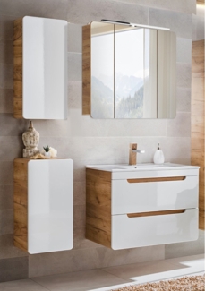 Badmöbel Set mit Keramikwaschtisch LUTON-56 in Hochglanz weiß mit Wotan Eiche Nb, B/H/T ca. 130/200/46 cm