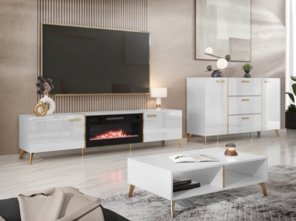 Wohnzimmer-Set Picru I (Farbe: Weiß / Weiß Hochglanz + Gold)