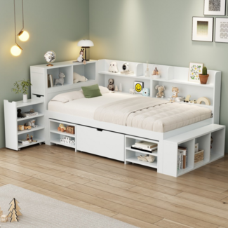 Merax Kinderbett mit Schubladen, Bücherregal & Stauschrank, mit Lattenrost, ohne Matratze, Plywood weiß, 90 x 200 cm