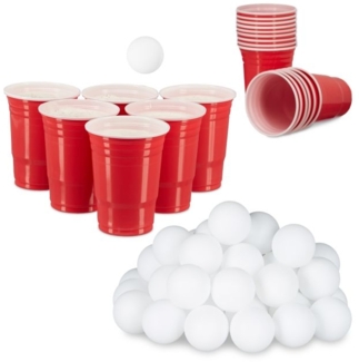Relaxdays Bier Pong Set, 50 Becher und 48 Bälle, Kunststoff rot, 473 ml