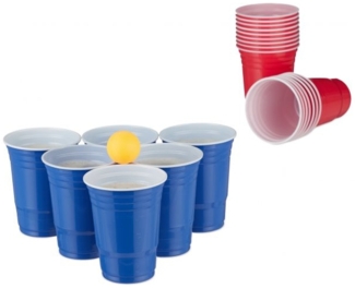 Relaxdays Bier Pong Set, 50 Becher und 6 Bälle, Kunststoff rot / blau, 473 ml