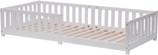ecoMI Kinderbett mit Rausfallschutz und Lattenrost, Kiefernholz weiß, 90x200 cm
