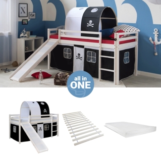 Hochbett mit Matratze 90x200 Rutsche Stockbett Kinderbett Holz Kiefer Vorhang Tunnel schwarz Pirat Lattenrost