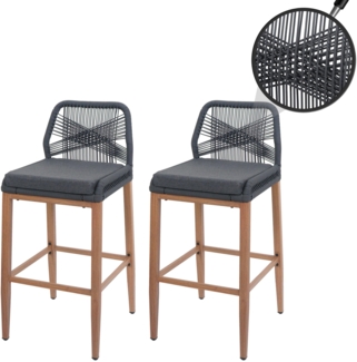 2er-Set Rope-Barhocker HWC-O21, Outdoor Sitzpolster Seilgeflecht Metall Holz-Optik ~ anthrazit, Kissen dunkelgrau