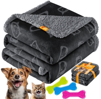 LOVPET® wasserdichte Hundedecke, Sherpa Fleece Haustier Decke + 3x Spielzeugknochen, maschinenwaschbar, beidseitiger Sofabezug-Schutz Schwarz, S (73 x 63 cm)
