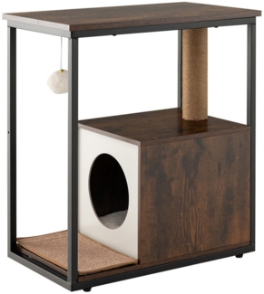 COSTWAY 3 in 1 Katzenhaus & Kratzbaum & Beistelltisch, Katzenhöhle mit Abnehmbarer Kratzmatte & Ball & Sisalstamm, Metallrahmen, 60 x 34 x 66 cm ( Braun)