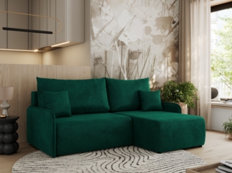 Ecksofa für das Wohnzimmer, mit losen Kissen, Schlaffunktion und Bettkästen, L-förmiges Ecksofa mit Armlehnen, Wellenfeder - ARPA - Dunkelgrün Velours - rechte Seite