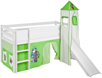 Lilokids 'Jelle' Spielbett 90x190 cm, Pirat Grün Beige, Kiefer massiv, mit Turm, Rutsche und Vorhang