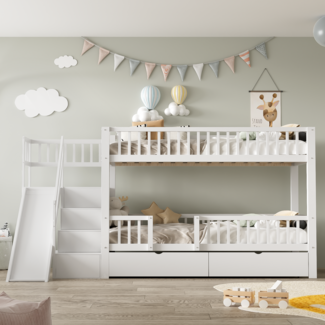 Merax Kinder-Etagenbett mit Rutsche, Treppen, 2 Schubladen, magnetischer Tür, Massivholz weiß, 90x200 cm