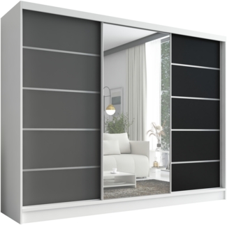 Schwebetürenschrank, 3-türig Schrank 200 cm mit Spiegel AURELIA 1. Farbe: Weiß, schwarz, Eiche Kraft gold