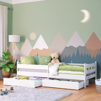 Bellabino 'Kuru' Kinderbett 90x200 cm mit Matratze und 2 Schubladen, weiß, Jugendbett mit Rausfallschutz und Lattenrost