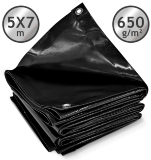 Jago® Abdeckplane mit 24 Ösen, wasserdicht und reißfest, PVC, Schwarz, 5x7 m, 650 g/m²