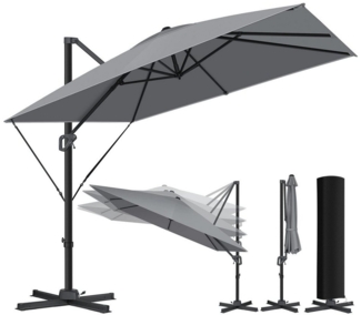 KESSER® 'SUN XL' Sonnenschirm, inkl. Abdeckung + Windsicherung, Drehbar, Neigbar, Kippbar, 360° Rotation, mit Kurbel, UV50+, Polyester Anthrazit, 300x300 cm