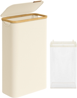 SONGMICS Wäschekorb mit Deckel und herausnehmbarem Wäschesack, zusammenklappbar, Bambus / Oxford-Gewebe cremeweiß, 65 l