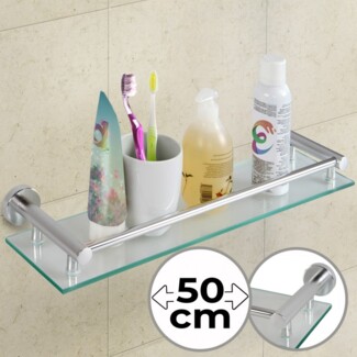 Aquamarin® Glasablage für Bad, gehärtetem Glas/Aluminium silber, 14 x 50 x 3 cm