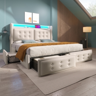 Merax Polsterbett mit Ladefunktion und LED-Beleuchtung, Baumwoll-Leinenstoff, Beige, 160x200 cm, Schubladen