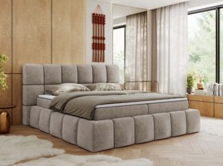 Boxspringbett mit dekorativem Kopfteil, Doppelbett mit zwei 7 Härtezonen Multipocket-Matratzen, Bettkästen, Polsterbett - NIRA - 180 x 200 cm - Beige Struktur - H4