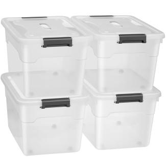 Juskys Aufbewahrungsbox mit Deckel, 4er-Set, stapelbar, Kunststoff transparent, 60 Liter