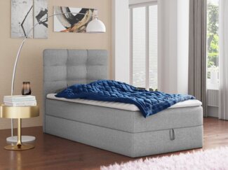 Boxspringbett Best Mini mit Bettkasten und Matratzentopper - Einzelbett mit Bonell-Matratze und Topper, Polsterbett, Bett, Schlafzimmer (Grau (Inari 91), 90 x 200 cm)
