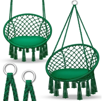 tillvex Hängesessel Grün 200kg zum Aufhängen | Hängestuhl Indoor & Outdoor | Hängekorb wetterfest | Schaukelkorb mit Kissen