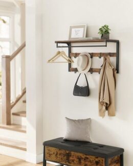 VASAGLE Wandgarderobe, mit Ablage, mit 10 abnehmbaren Haken, Holzspanplatte, Stahl, vintagebraun-schwarz, 30 x 80 x 42 cm