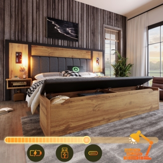 Merax Doppelbett Polsterbett 160×200, Bettanlage mit Leselampe und USB C Nachttisch und Sitzbank mit Stauraum, Bettgestell mit Lattenrost aus Metall, Holz und Leinen, Eiche(Ohne Matratze)