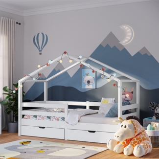 Bellabino 'Bia' Hausbett 90x200 cm mit 2 Schubladen, weiß, Kiefer Massivholz, Montessori Kinderbett mit Stauraum, inkl. Rausfallschutz und Lattenrost
