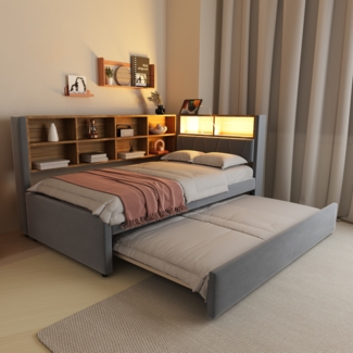 Merax Daybett Schlafsofa 90*200, Ausziehbett 90*190, ausgestattet mit LED Leuchten, Steckdosen und vielen Ablagefächern, Polsterbett, Multifunktionsschlafsofa, Einzelbett, Flanell, Dunkelgrau