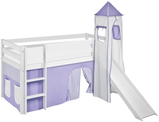 Lilokids 'Jelle' Spielbett 90x190 cm, Lila Beige, Kiefer massiv, mit Turm, Rutsche und Vorhang