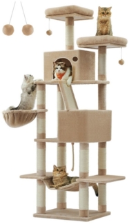 Feandrea Kratzbaum groß, 206 cm hoch, XXL Katzenbaum, mit 13 Kratzsäulen, 2 Plattformen, 2 Höhlen, Korb, Hängematte, Plüschbälle, mehrstöckiger Katzenkratzbaum, kamelbraun
