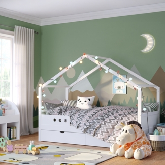 Bellabino 'Bela' Hausbett 90x200 cm mit großer Schublade, weiß, Kiefer Massivholz, Montessori Kinderbett mit Stauraum, inkl. Rausfallschutz und Lattenrost