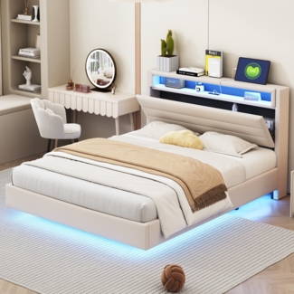Merax Polsterbett LED Doppelbett mit USB-Laden und Stauraum am Kopfteil Leinen, Beige, 140x200 cm