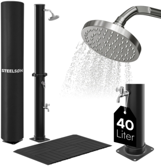 STEELSØN 'Velion' Solardusche 40 Liter, schwarz, warmes Wasser bis 60°C, schwankender Regenduschkopf und Wasserhahn, inkl. Schutzhaube und Kunststoffboden