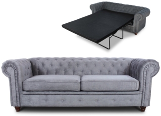 Schlafsofa Chesterfield Asti Bis 3-Sitzer, Sofa mit Schlaffunktion, Couch 3-er, Couchgarnitur, Sofagarnitur, Holzfüße - Glamour Design (Grau (Capri 09))