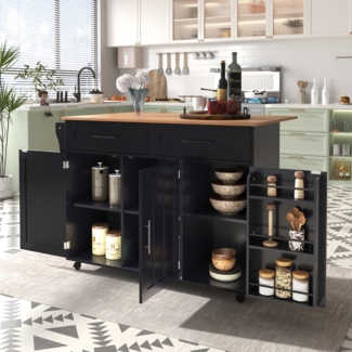 Merax 129x46(71)x91,5cm Schwarzer großer Esszimmerwagen, Sideboard, Arbeitsplatte aus massivem Holz, klappbare Arbeitsplatte, Stauraumtür, Rollen-/Massivholzfüße